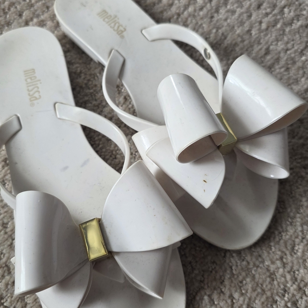 Melissa White Jelly Sandals with Gold Bow Accent